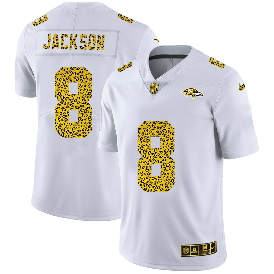 Baltimore Ravens #8 Lamar Jackson Men Nike Flocked Leopard Print Vapor Limited NFL Jersey White->baltimore ravens->NFL Jersey
